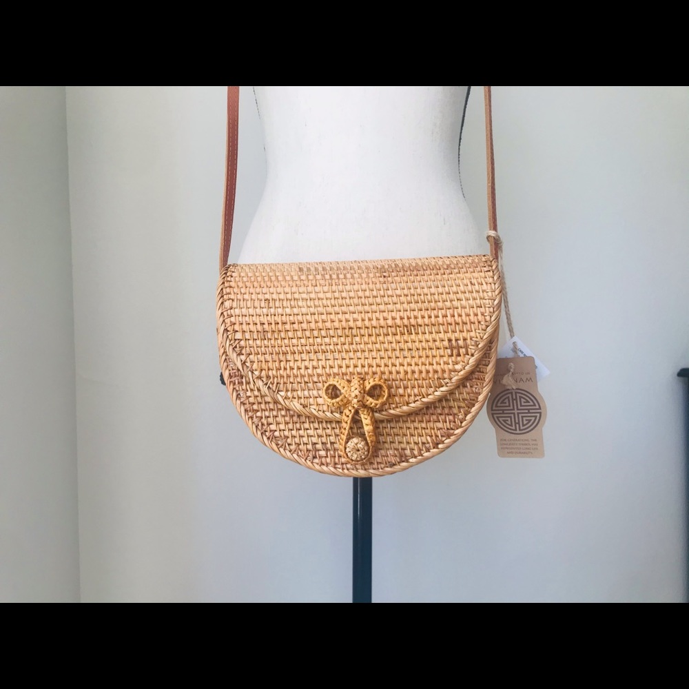 NWT gorgeous Rattan & Leather shoulder bag purse - Picture 4 of 9